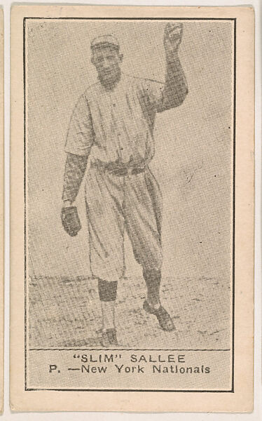 "Slim" Sallee, Pitcher, New York Nationals, from the American Caramels Baseball Players series (E122) for the American Caramel Company, Issued by American Caramel Company, Lancaster and York, Pennsylvania, Photolithograph 