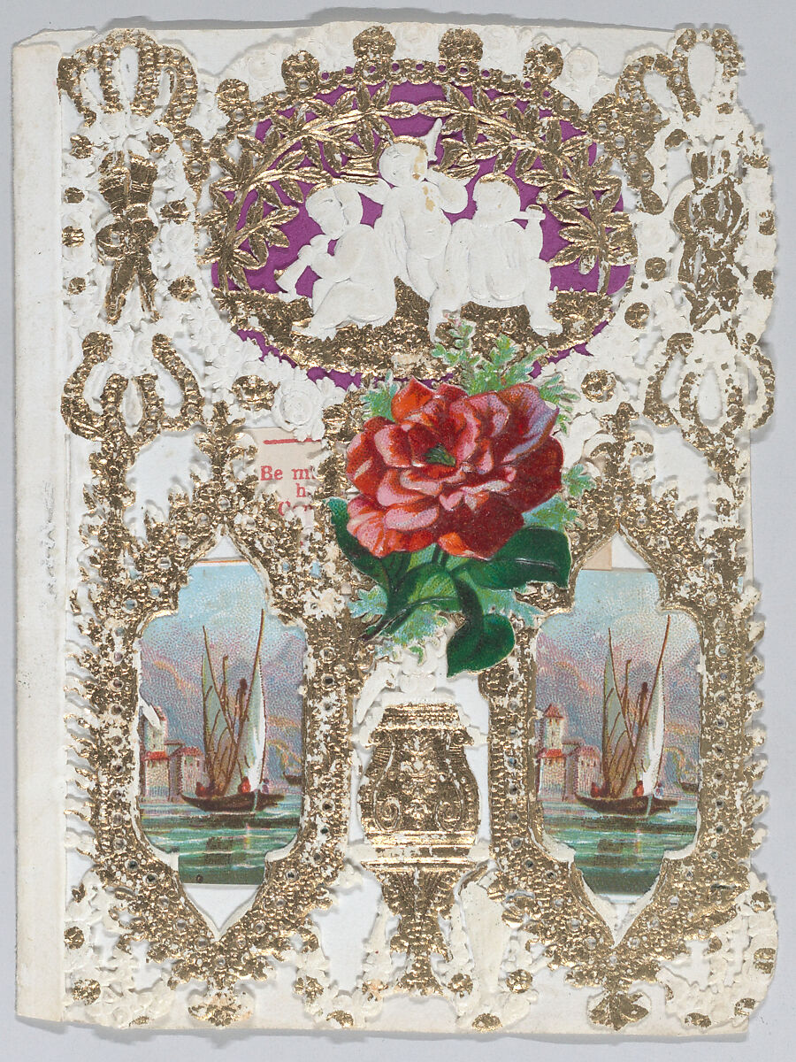 Valentine, Anonymous, Open-work, gilded cameo embossed paper, chromolithography, colored paper