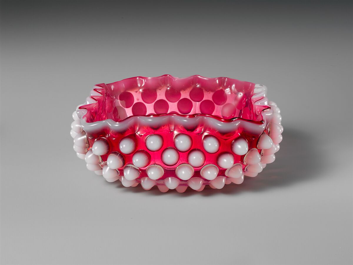 Hobnail Sauce Dish, Probably Hobbs, Brockunier and Company (1863–1891), Pressed cranberry with opaque white glass, American 