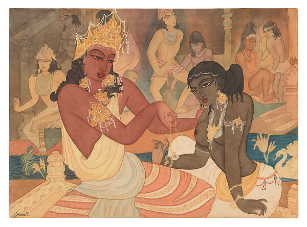 Carudatta Presenting a Pearl Necklace to Vasantesena, Y. G. Srimati (Indian, 1926–2007), Watercolor on paper, India (Chennai) 