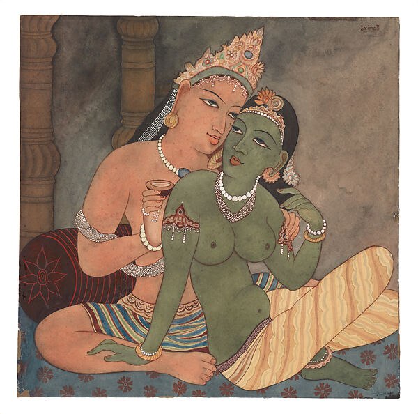Mithuna Couple, after Ajanta, Y. G. Srimati (Indian, 1926–2007), Watercolor on paper, India (Chennai) 