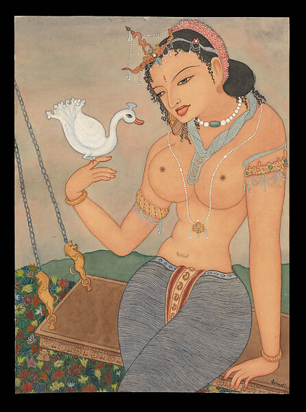 Princess Damayanti and the Swan Messenger, Y. G. Srimati (Indian, 1926–2007), Watercolor on paper, India (Chennai) 