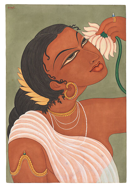 Woman with Lotus, Y. G. Srimati (Indian, 1926–2007), Watercolor on paper, India (Chennai) 
