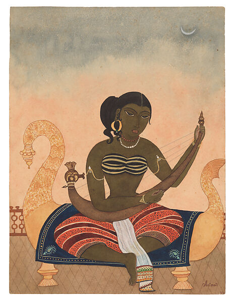 Apsara with Harp, Y. G. Srimati (Indian, 1926–2007), Watercolor on paper, India (Chennai) 