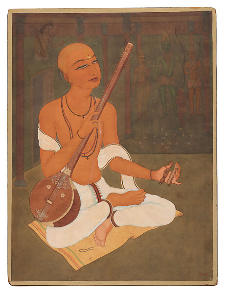 Saint Tyagaraja Singing Hymns in Praise of Lord Rama, Y. G. Srimati (Indian, 1926–2007), Watercolor on paper, India (Chennai) 