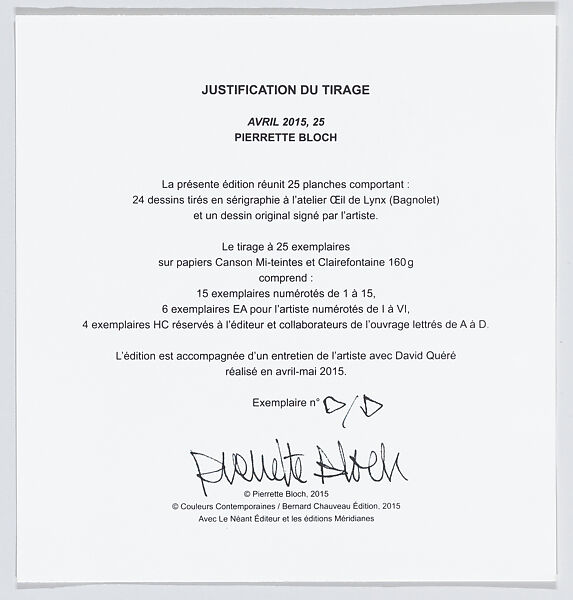 Avril 2015, 25, Pierrette Bloch (Swiss, born Paris 1928–2017 Paris), Portfolio of prints composed of 24 screenprints and one original drawing