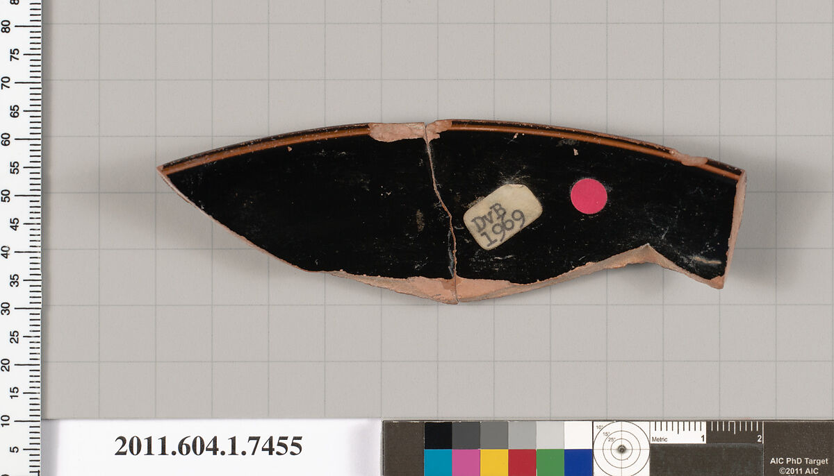 Terracotta fragment of a kylix (drinking cup), Terracotta, Greek, Attic