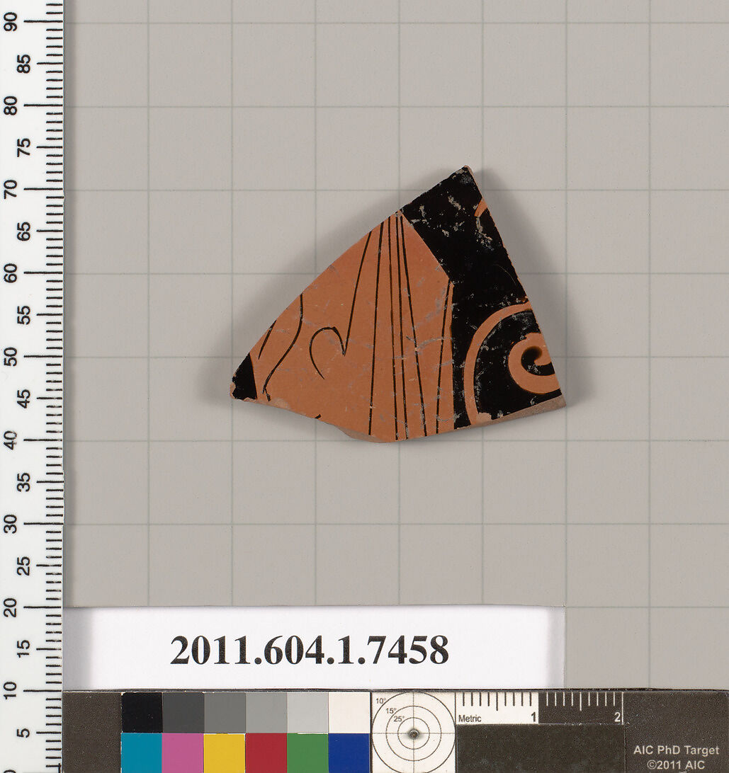 Terracotta fragment of a kylix (drinking cup), Terracotta, Greek, Attic 
