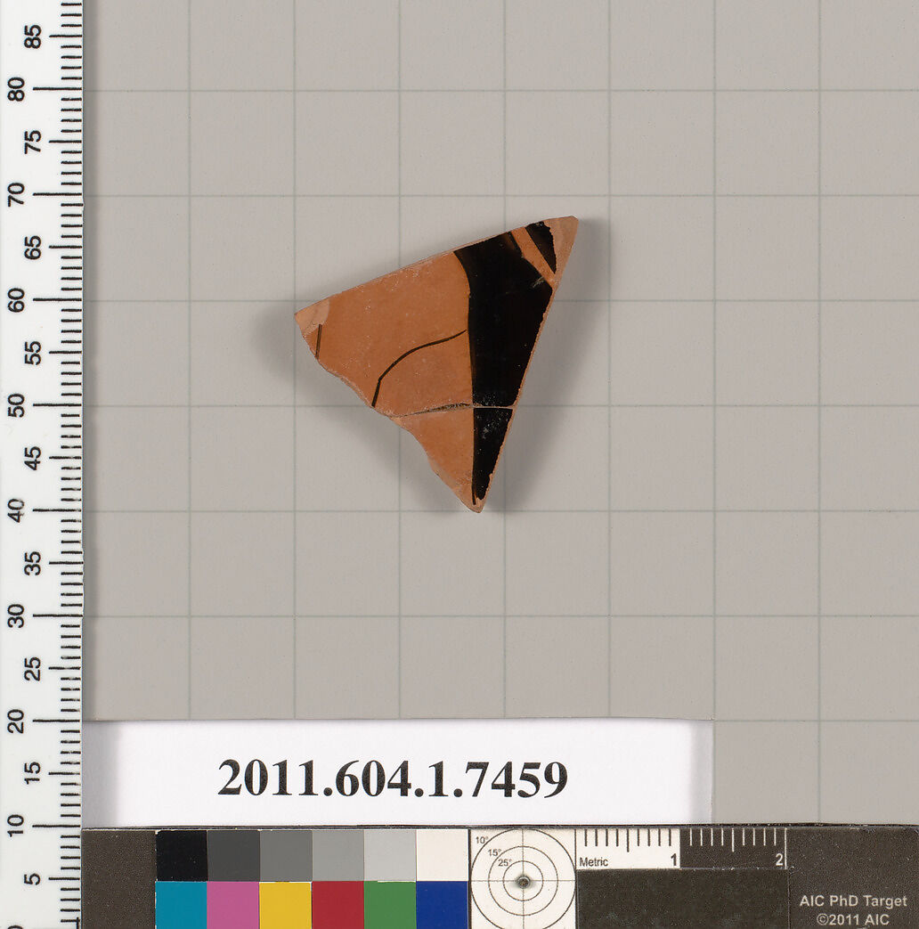 Terracotta fragment of a kylix (drinking cup), Terracotta, Greek, Attic 
