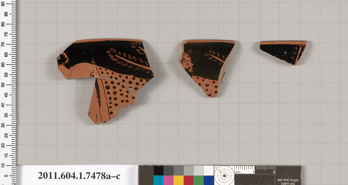 Terracotta rim fragments of a kylix (drinking cup), Terracotta, Greek, Attic 