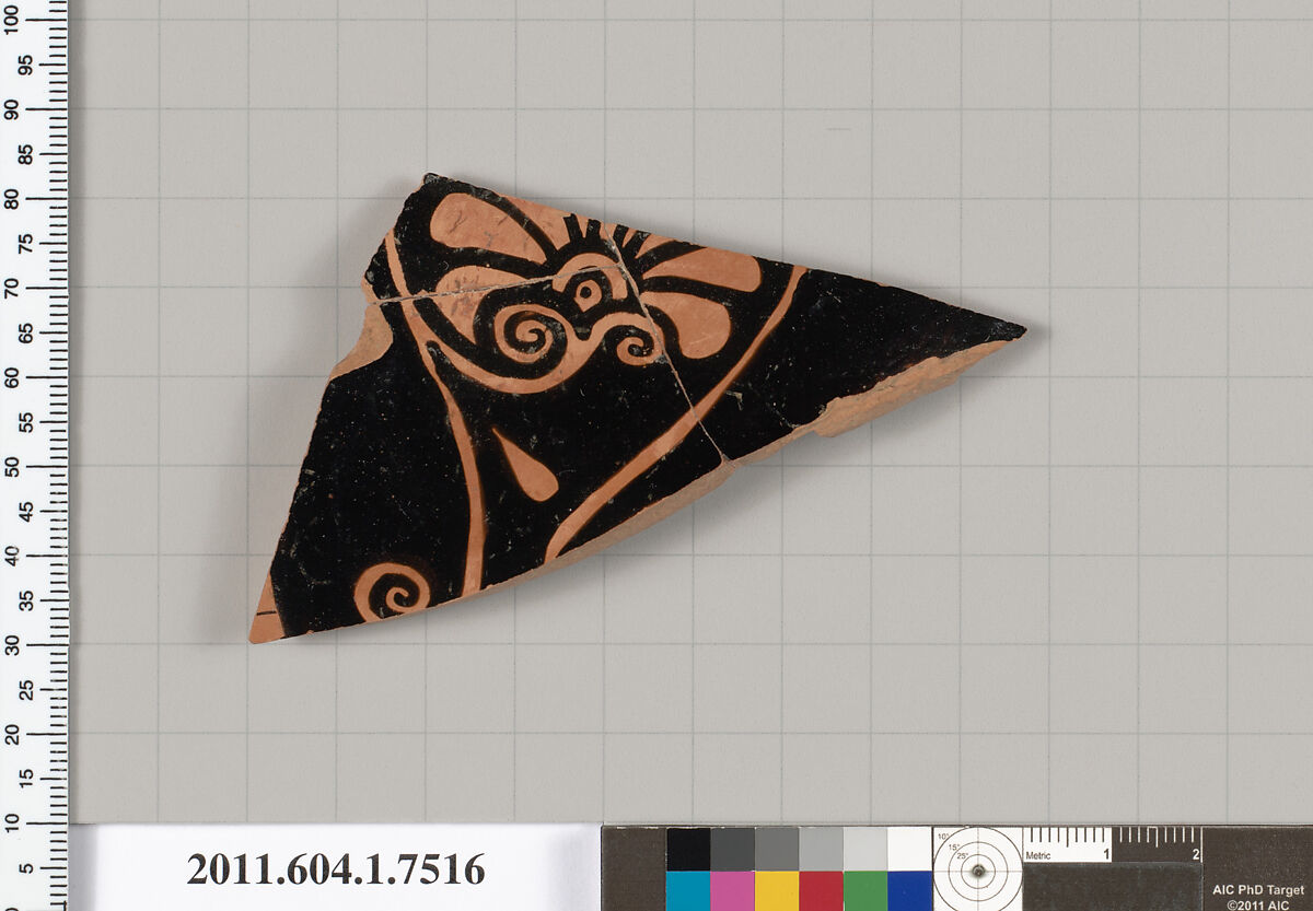 Terracotta fragment of a kylix (drinking cup), Terracotta, Greek, Attic 