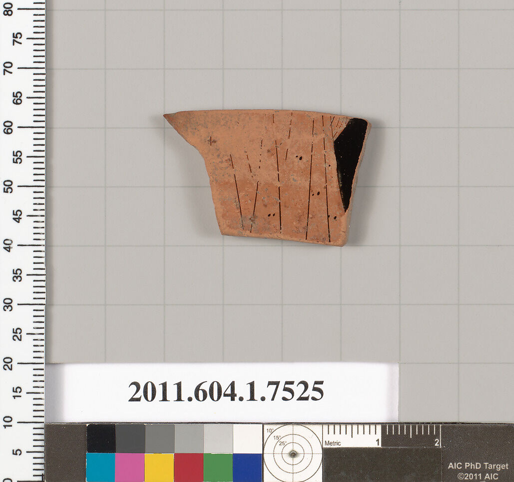 Terracotta fragment of a kylix (drinking cup), Terracotta, Greek, Attic 