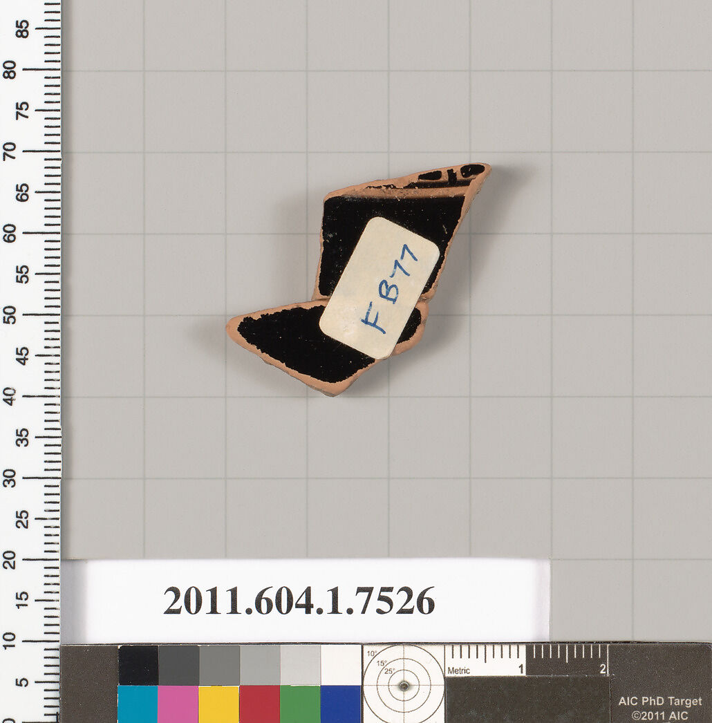 Terracotta fragment of a kylix (drinking cup), Terracotta, Greek, Attic 