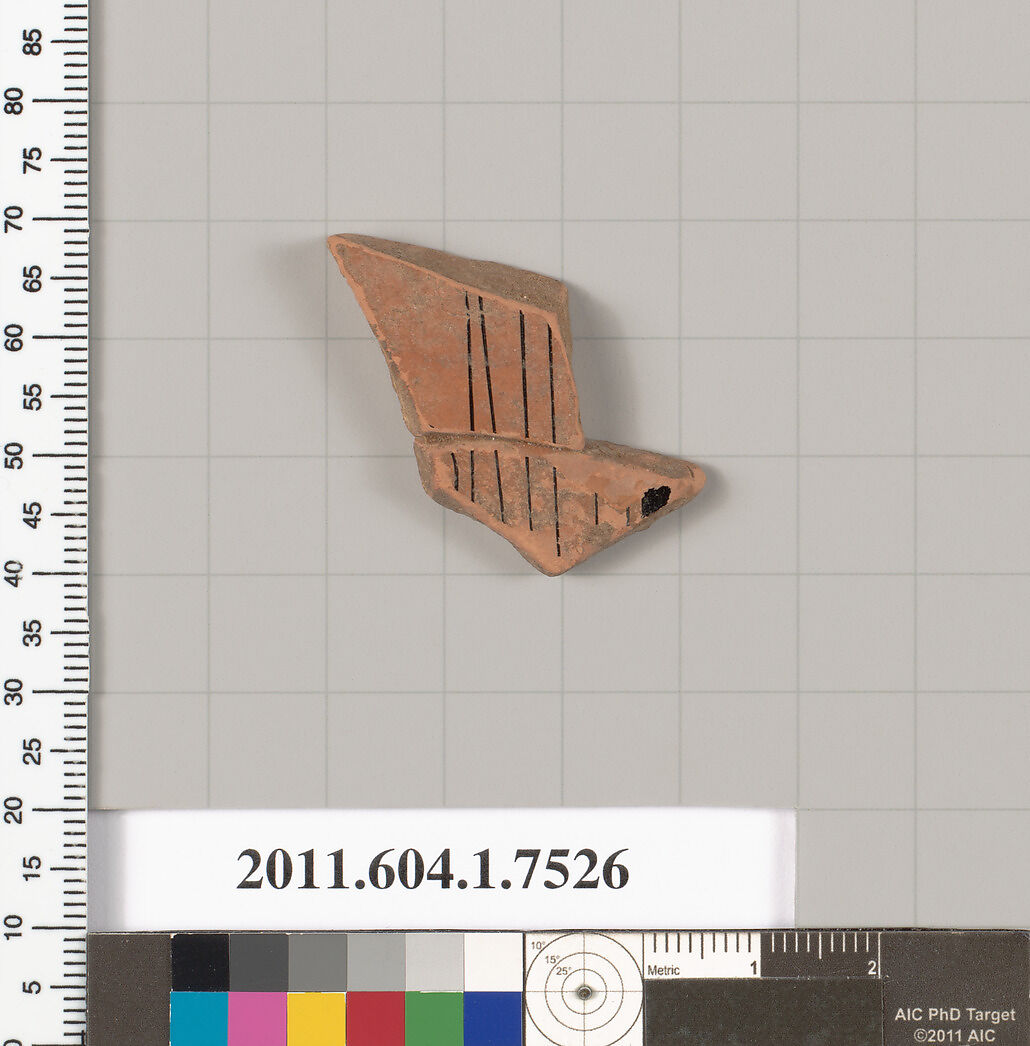 Terracotta fragment of a kylix (drinking cup), Terracotta, Greek, Attic