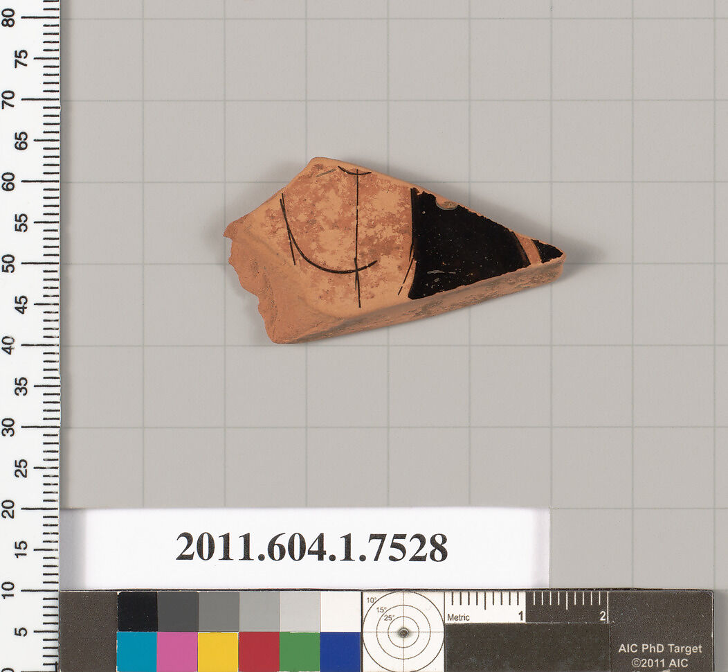 Terracotta fragment of a kylix (drinking cup), Terracotta, Greek, Attic