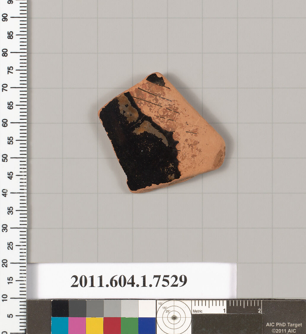 Terracotta fragment of a kylix (drinking cup), Terracotta, Greek, Attic 