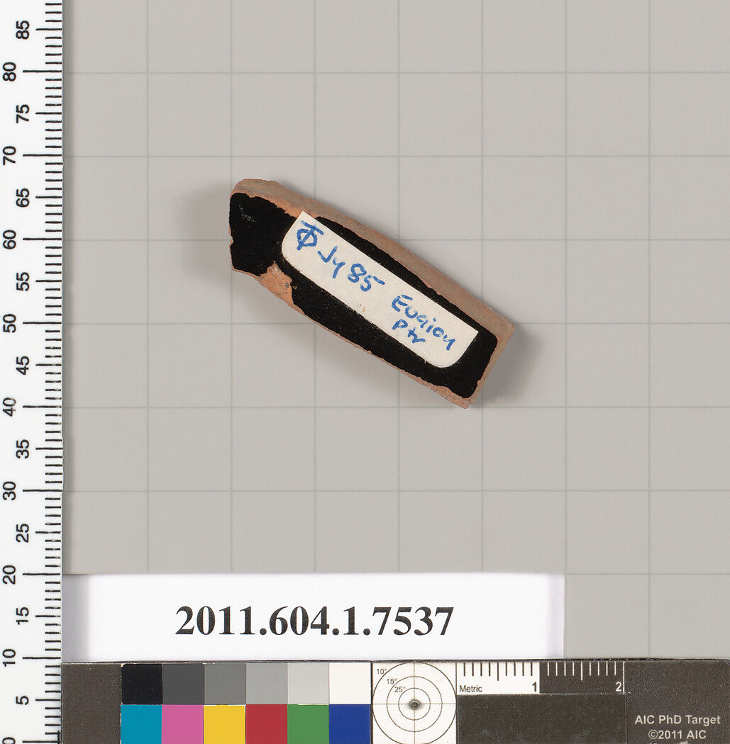 Terracotta fragment of a kylix (drinking cup), Attributed to the Euaion Painter [DvB], Terracotta, Greek, Attic