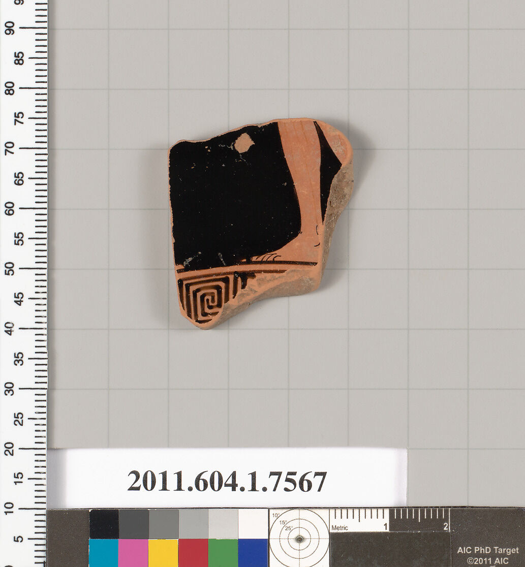 Terracotta fragment of a kylix (drinking cup), Terracotta, Greek, Attic