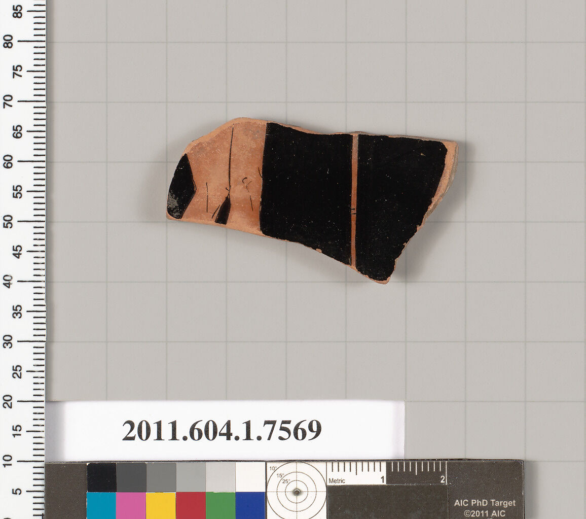 Terracotta fragment of a kylix (drinking cup), Terracotta, Greek, Attic 