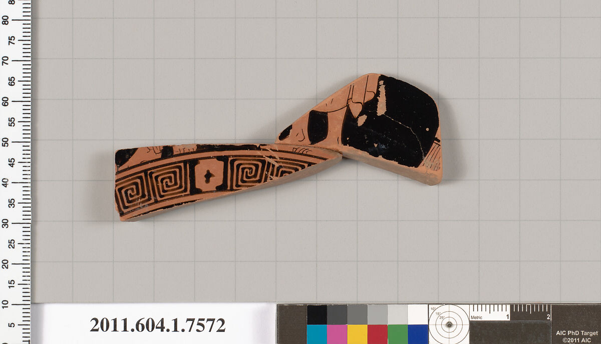 Terracotta fragment of a kylix (drinking cup), Terracotta, Greek, Attic