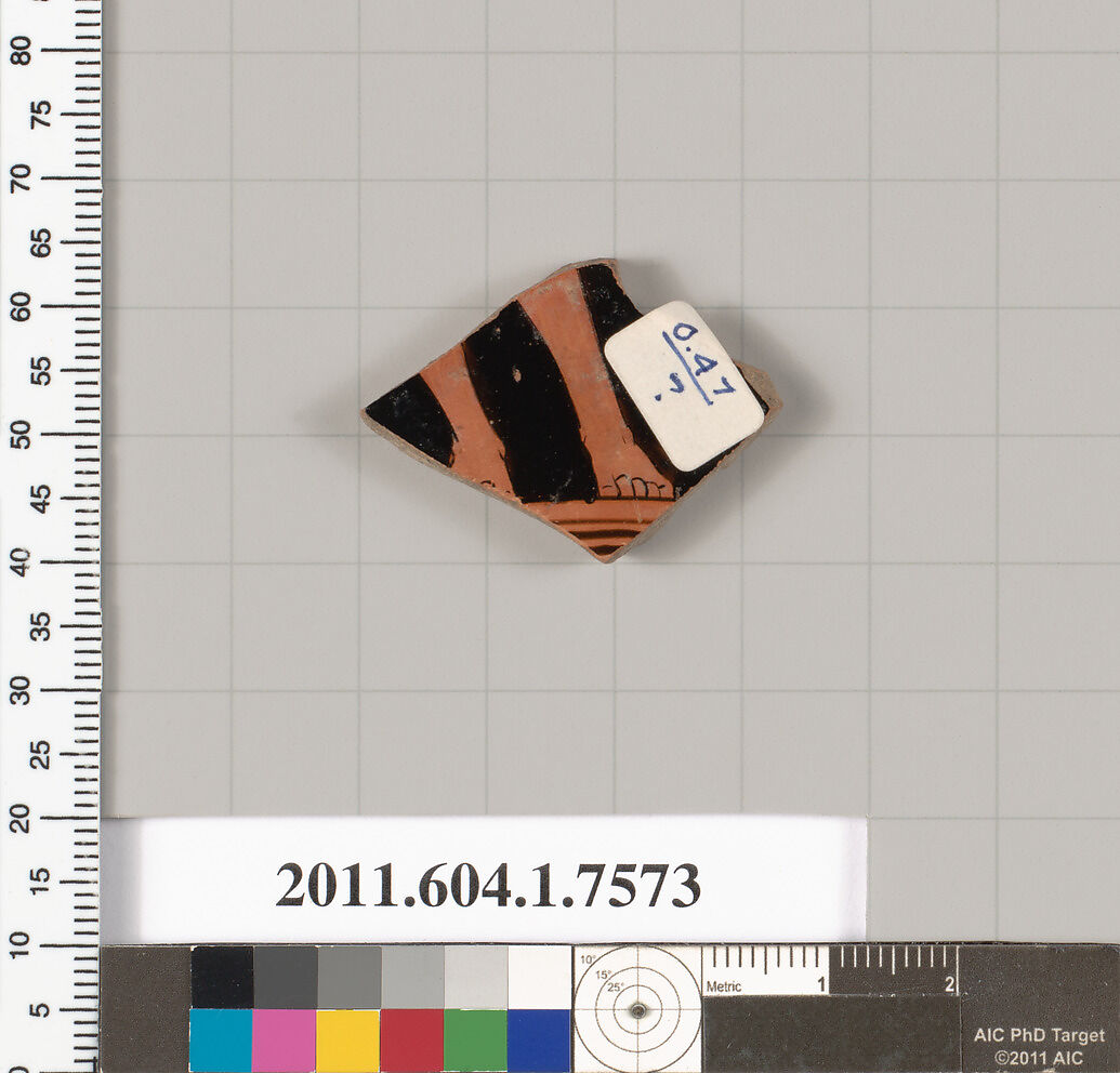 Terracotta fragment of a kylix (drinking cup), Terracotta, Greek, Attic