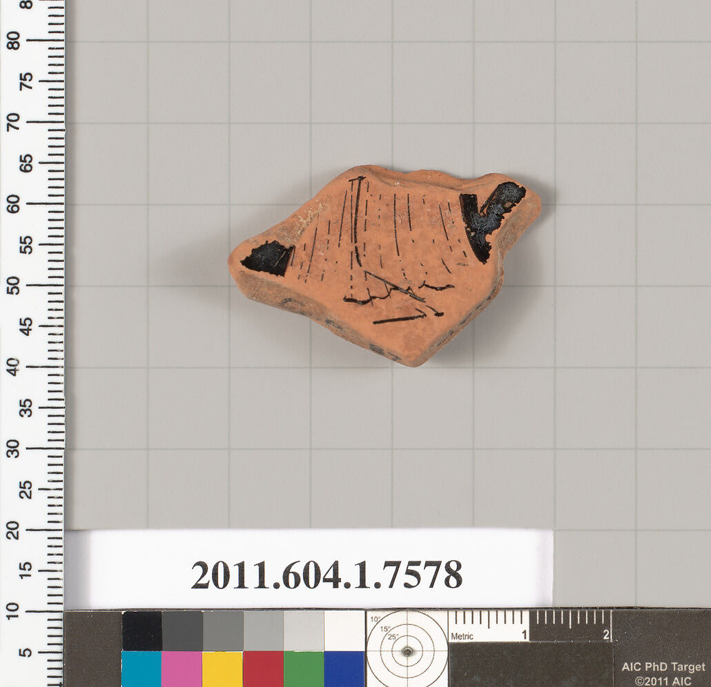 Terracotta fragment of a kylix (drinking cup), Terracotta, Greek, Attic