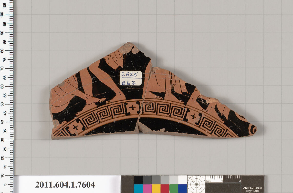 Terracotta fragment of a kylix (drinking cup), Terracotta, Greek, Attic