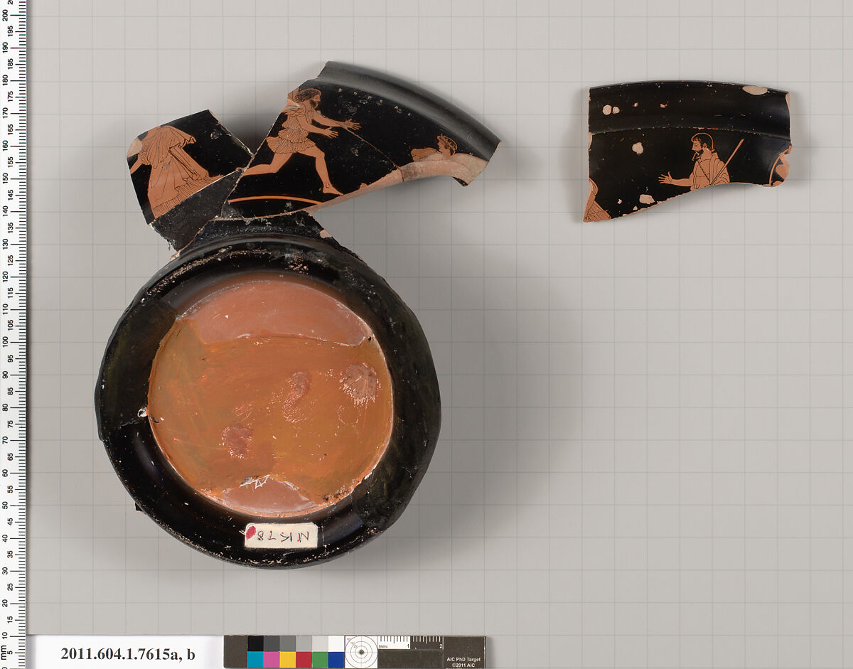Terracotta fragments of a stemless cup (drinking cup), Terracotta, Greek, Attic
