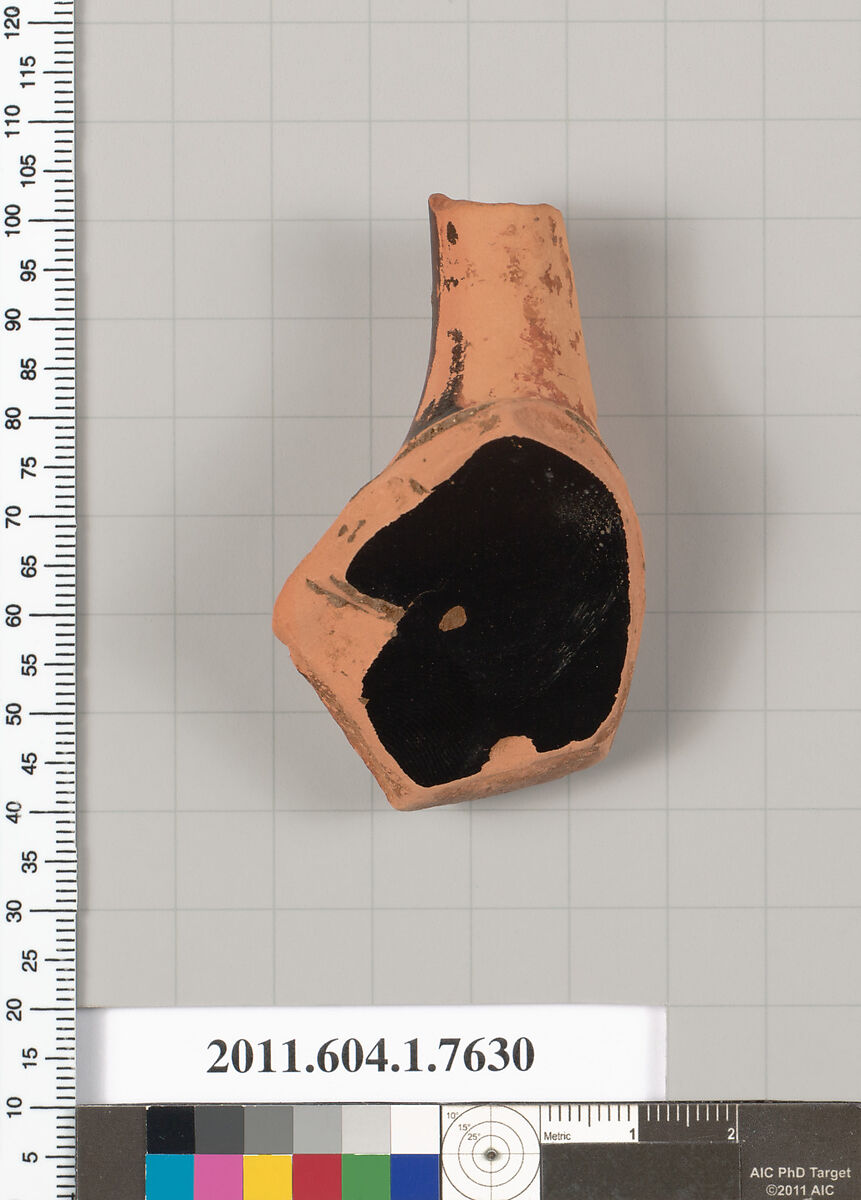 Terracotta fragment of a kylix (drinking cup), Terracotta, Greek, Attic