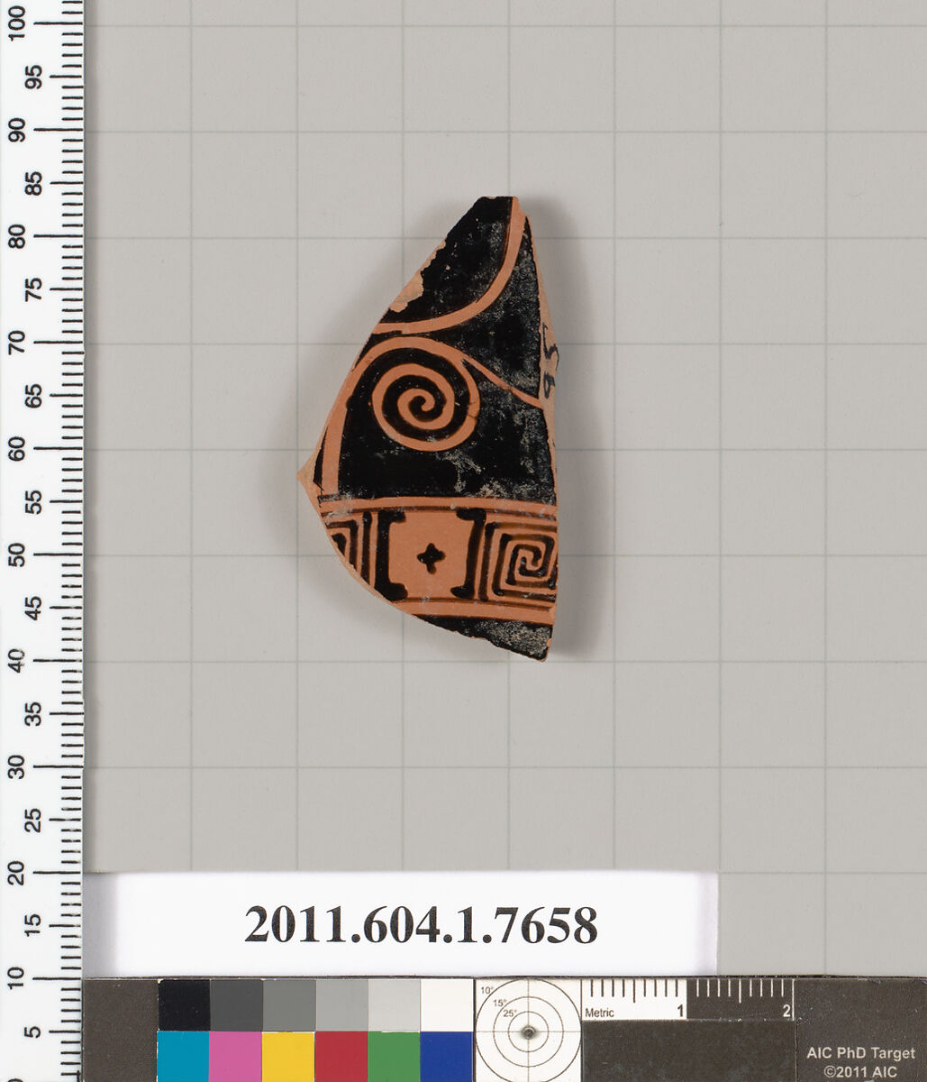 Terracotta fragment of a kylix (drinking cup), Terracotta, Greek, Attic