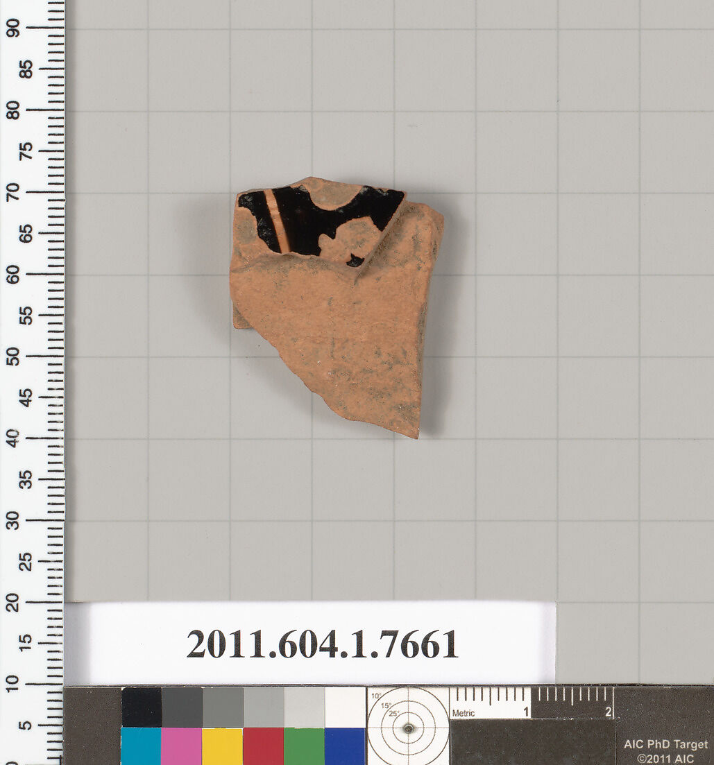 Terracotta fragment of a kylix (drinking cup), Terracotta, Greek, Attic
