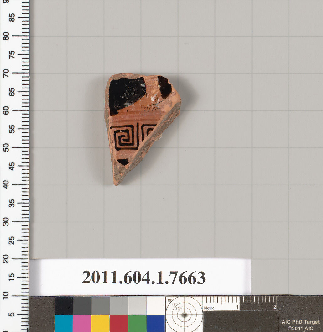 Terracotta fragment of a kylix (drinking cup), Terracotta, Greek, Attic
