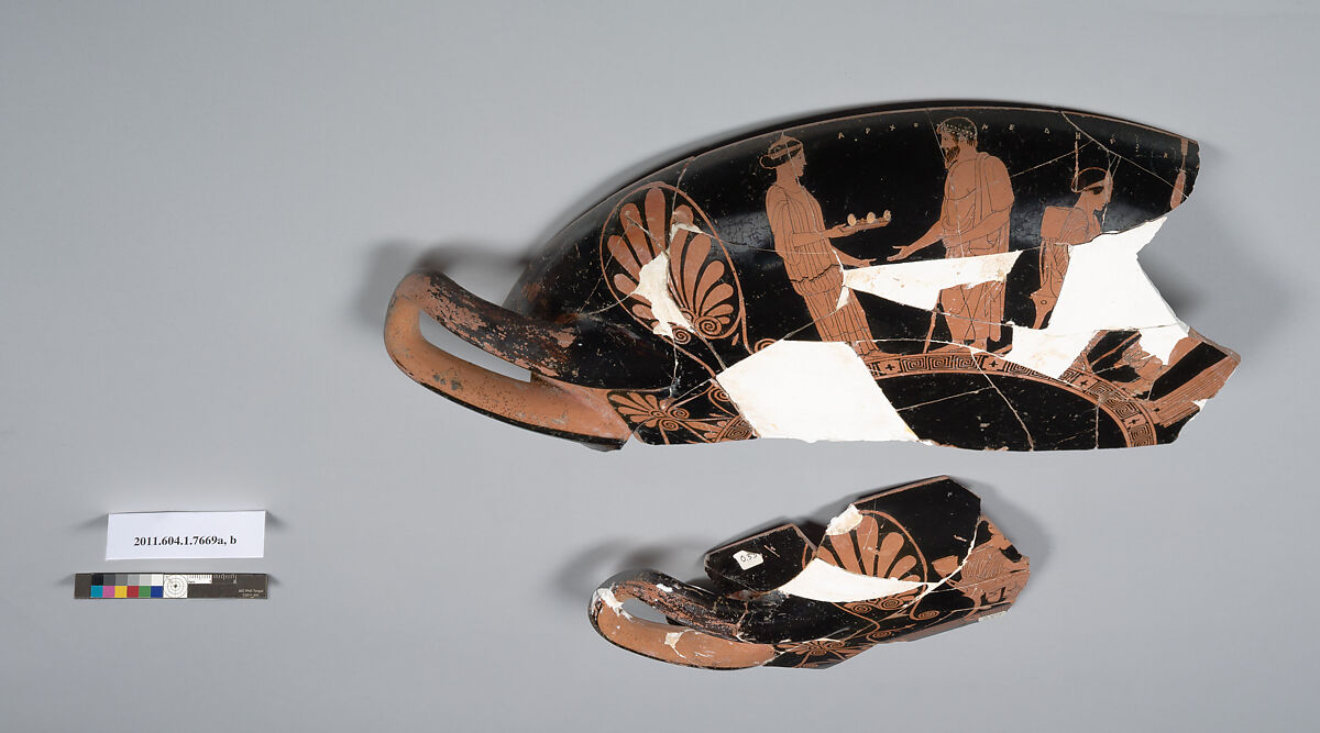Terracotta fragments of a kylix (drinking cup), Terracotta, Greek, Attic