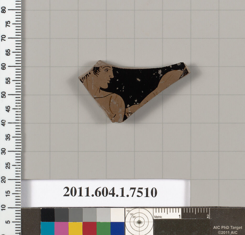 Terracotta fragment of a kylix (drinking cup), Terracotta, Greek, Attic 