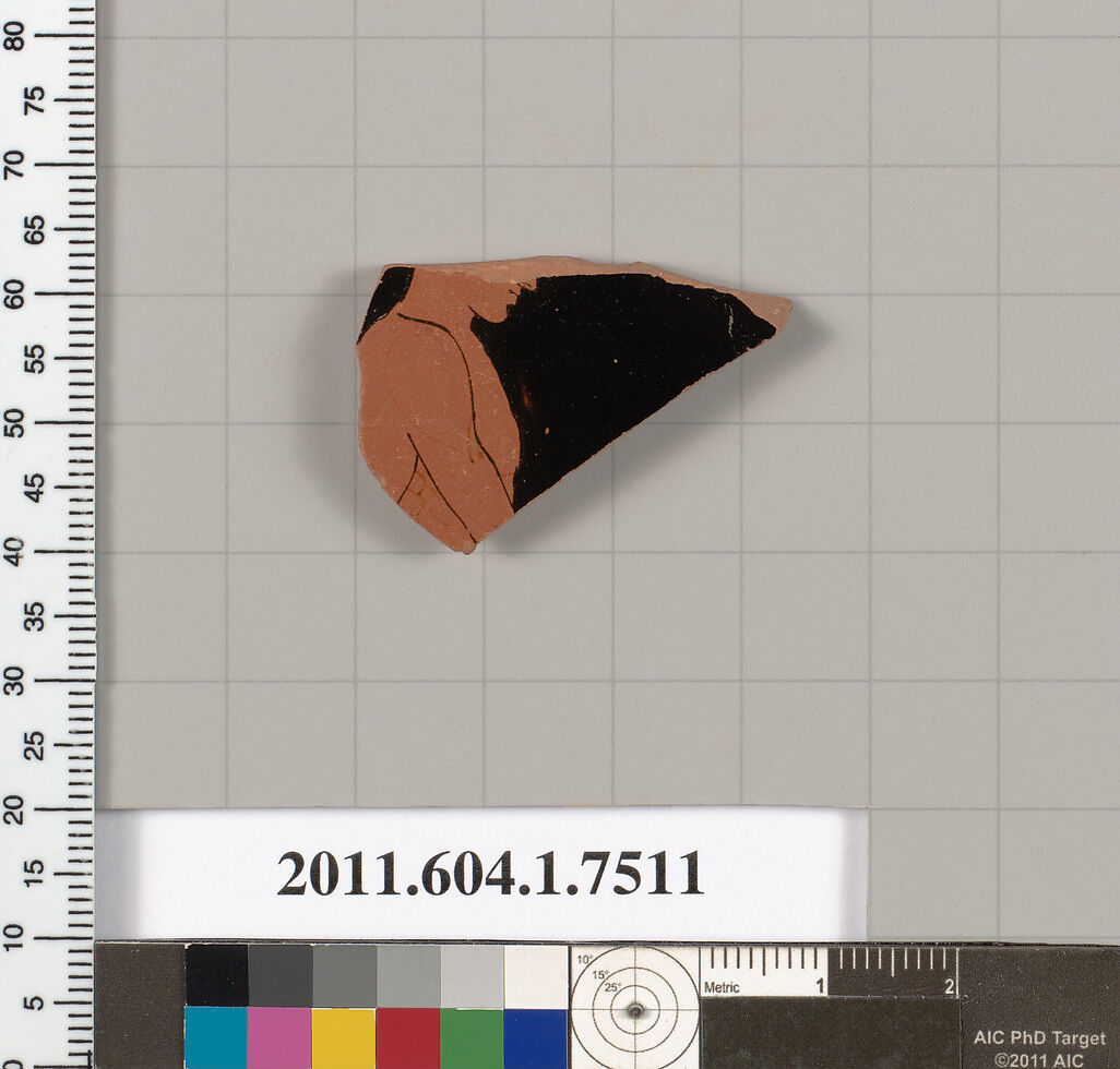Terracotta fragment of a kylix (drinking cup), Terracotta, Greek, Attic 