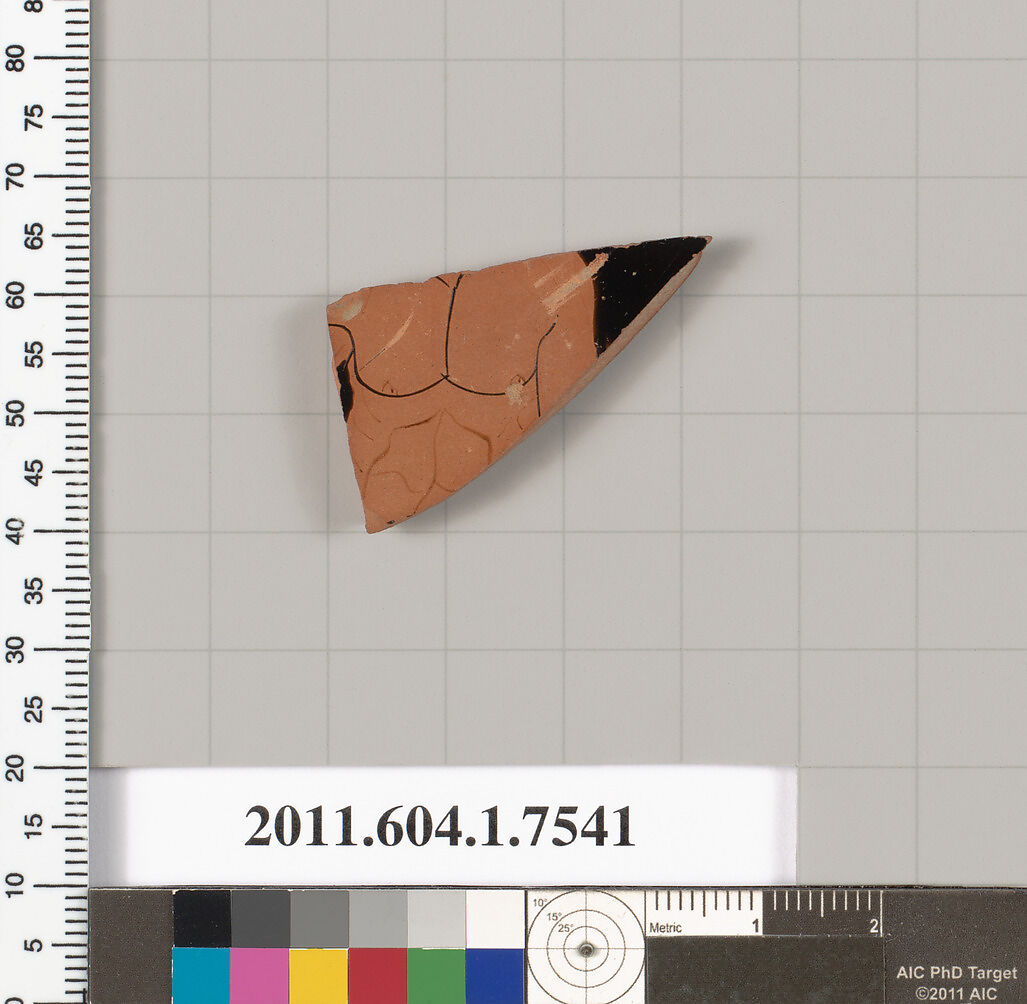 Terracotta fragment of a kylix (drinking cup), Terracotta, Greek, Attic 