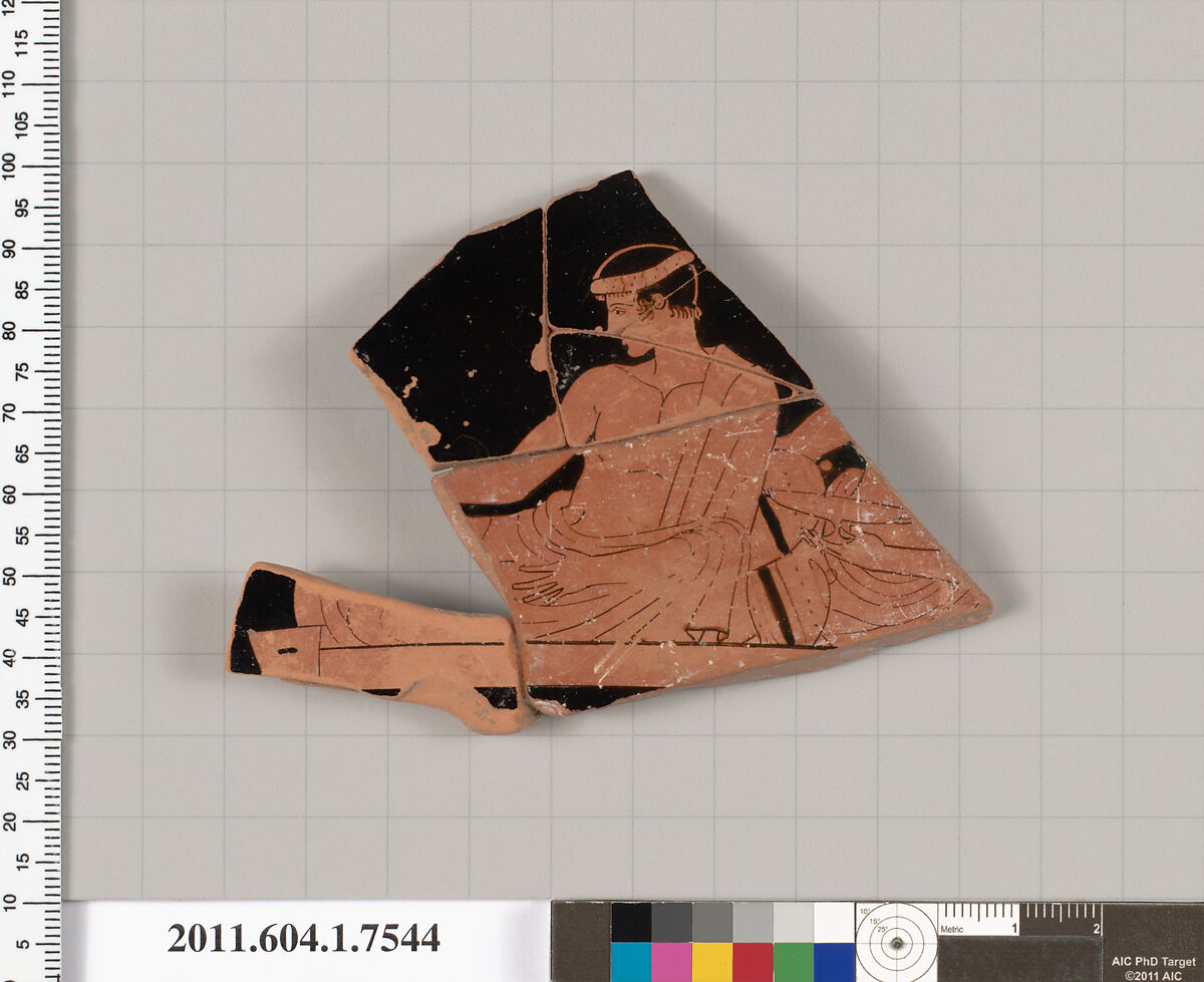 Terracotta fragment of a kylix (drinking cup), Terracotta, Greek, Attic 