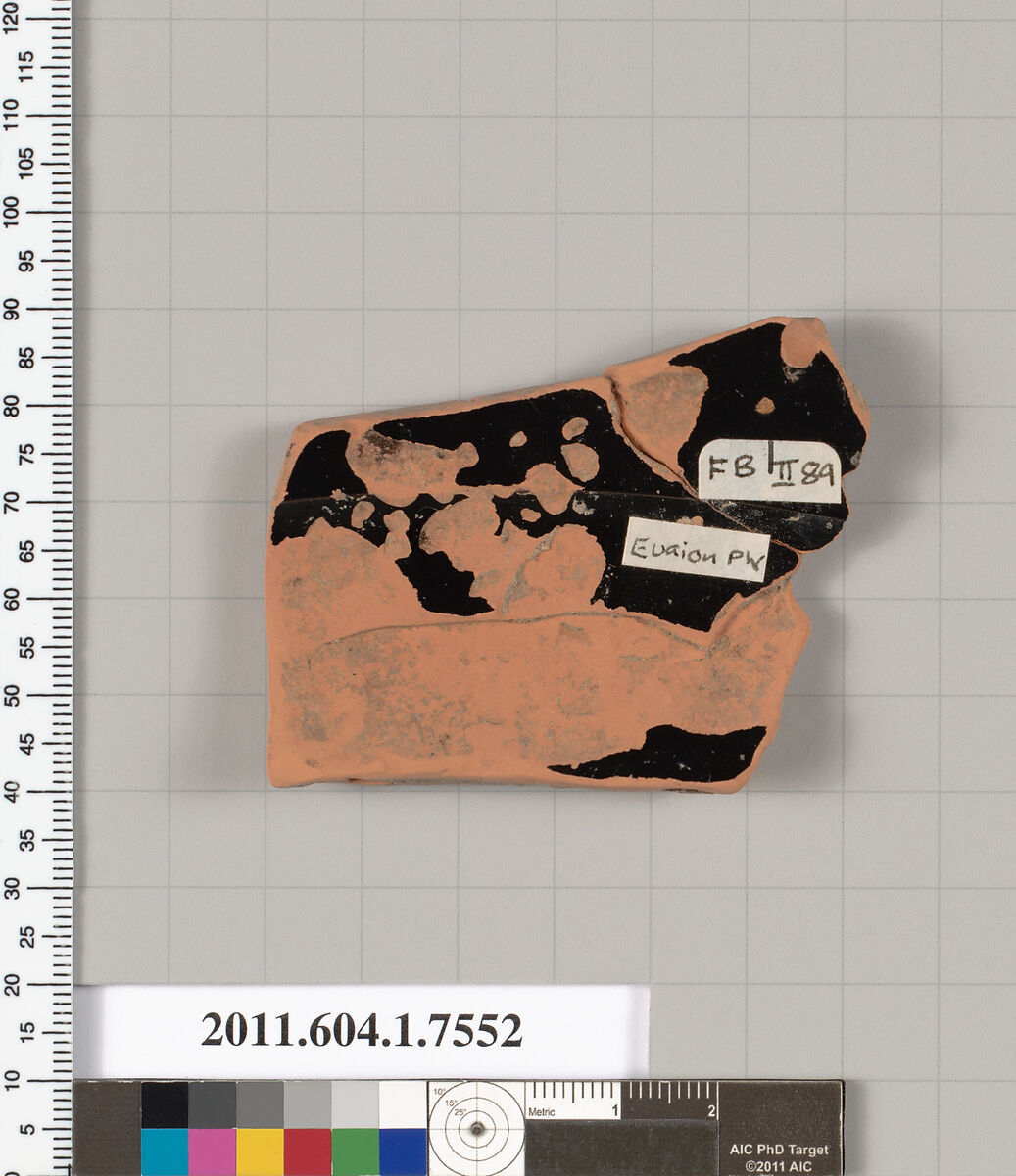 Terracotta fragment of a kylix (drinking cup), Attributed to the Euaion Painter [DvB], Terracotta, Greek, Attic