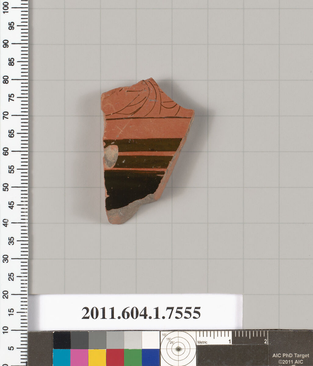 Terracotta fragment of a kylix (drinking cup), Terracotta, Greek, Attic