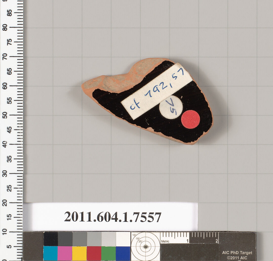 Terracotta fragment of a kylix (drinking cup), Terracotta, Greek, Attic