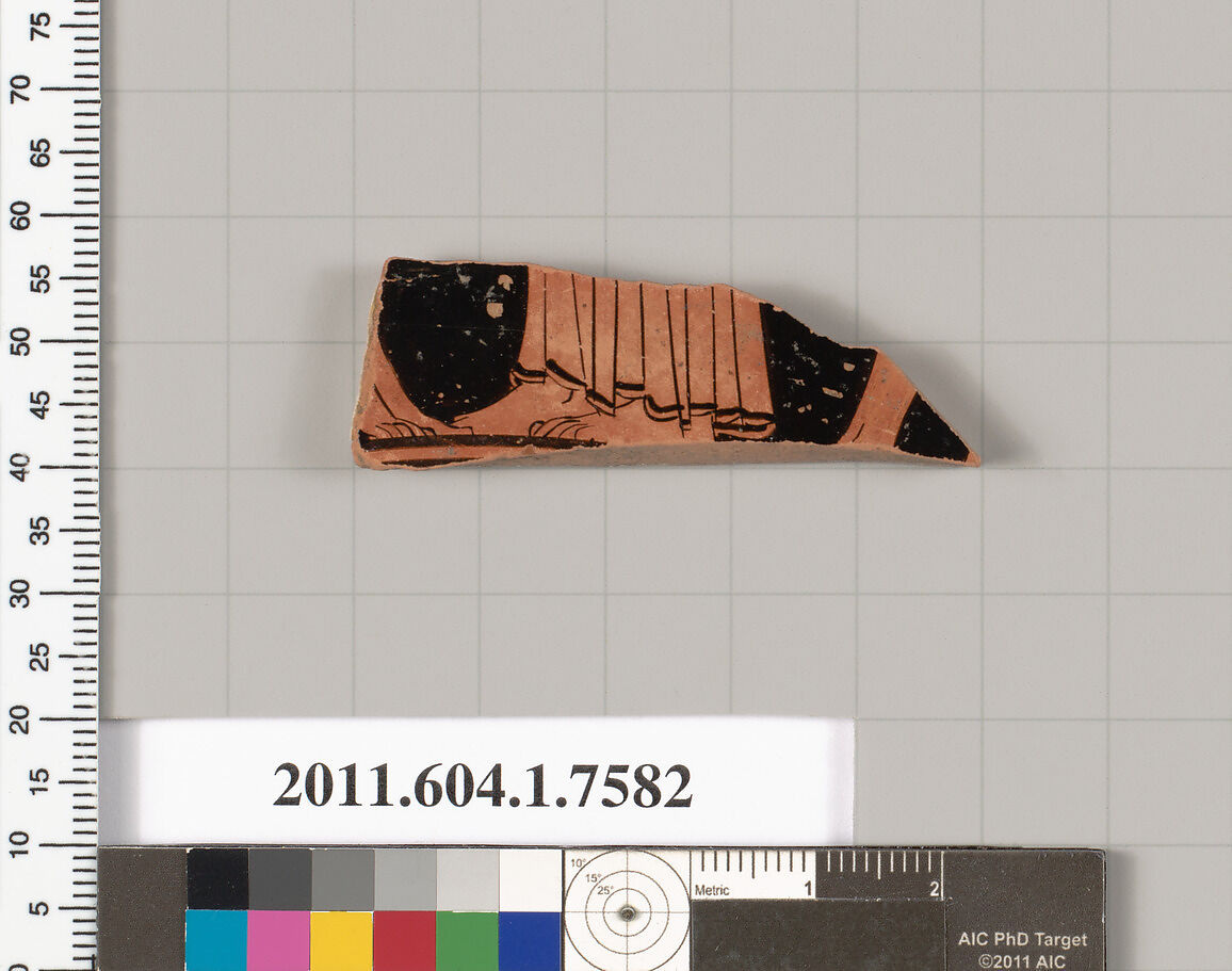 Terracotta fragment of a kylix (drinking cup), Terracotta, Greek, Attic