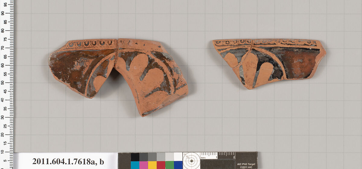 Terracotta rim fragments of a kylix (drinking cup), Terracotta, Greek, Attic