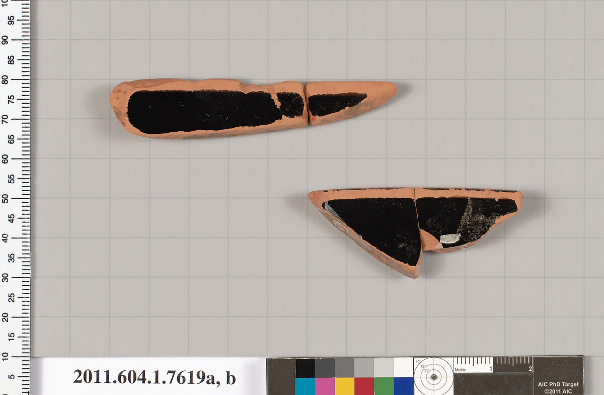 Terracotta rim fragments of a kylix (drinking cup), Terracotta, Greek, Attic