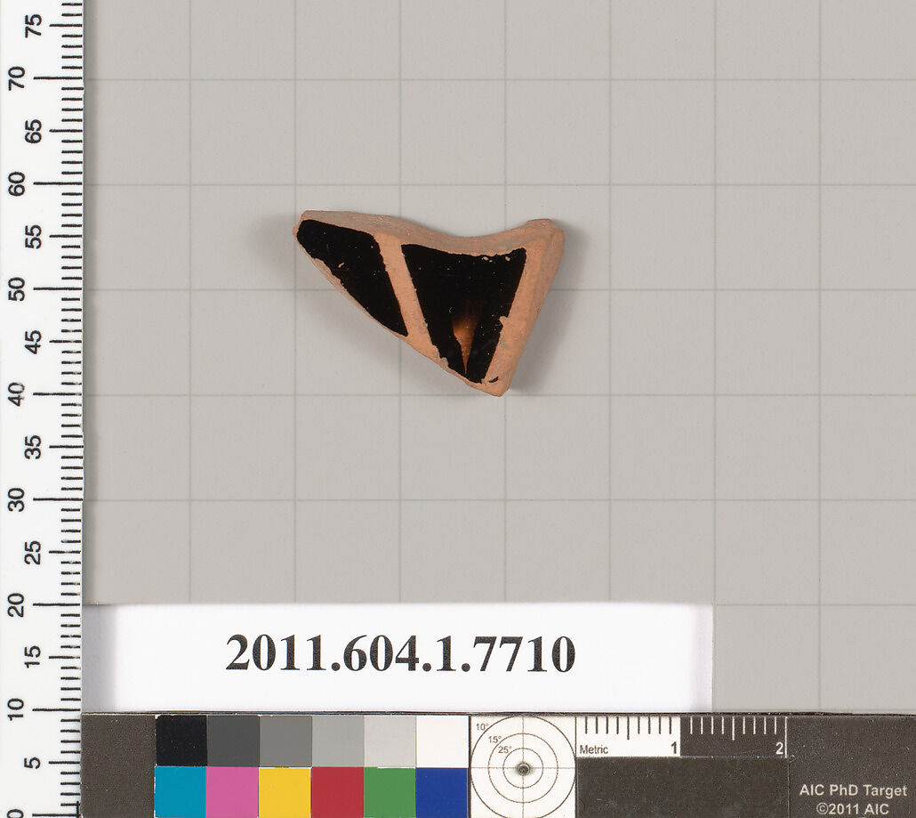 Terracotta fragment of a kylix (drinking cup), Terracotta, Greek, Attic 