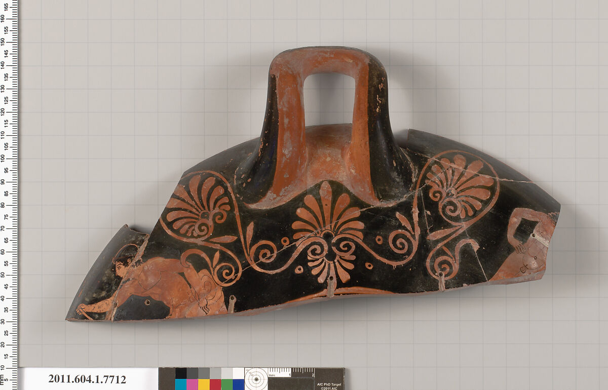 Terracotta rim fragment of a kylix (drinking cup), Terracotta, Greek, Attic