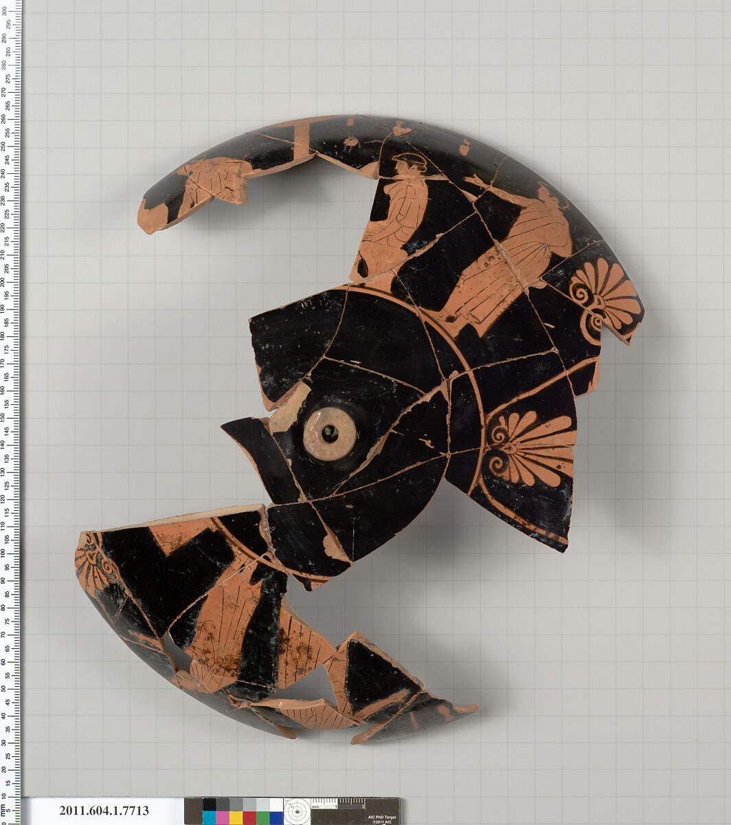 Terracotta fragment of a kylix (drinking cup), Terracotta, Greek, Attic