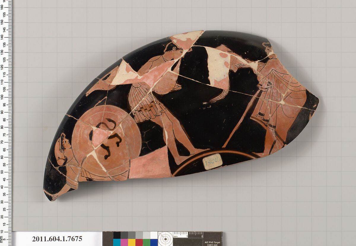 Terracotta rim fragment of a kylix (drinking cup), Terracotta, Greek, Attic