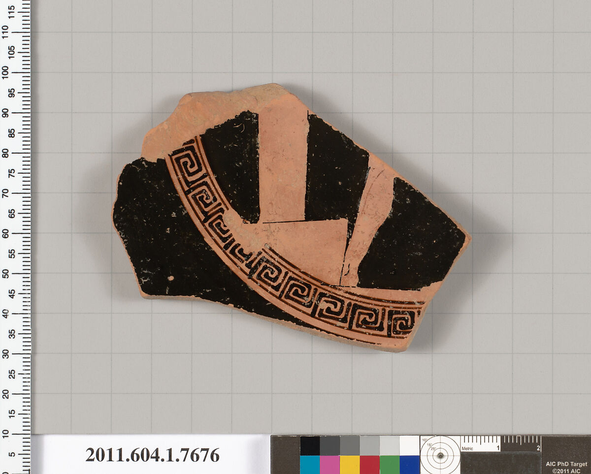 Terracotta fragment of a kylix (drinking cup), Terracotta, Greek, Attic 