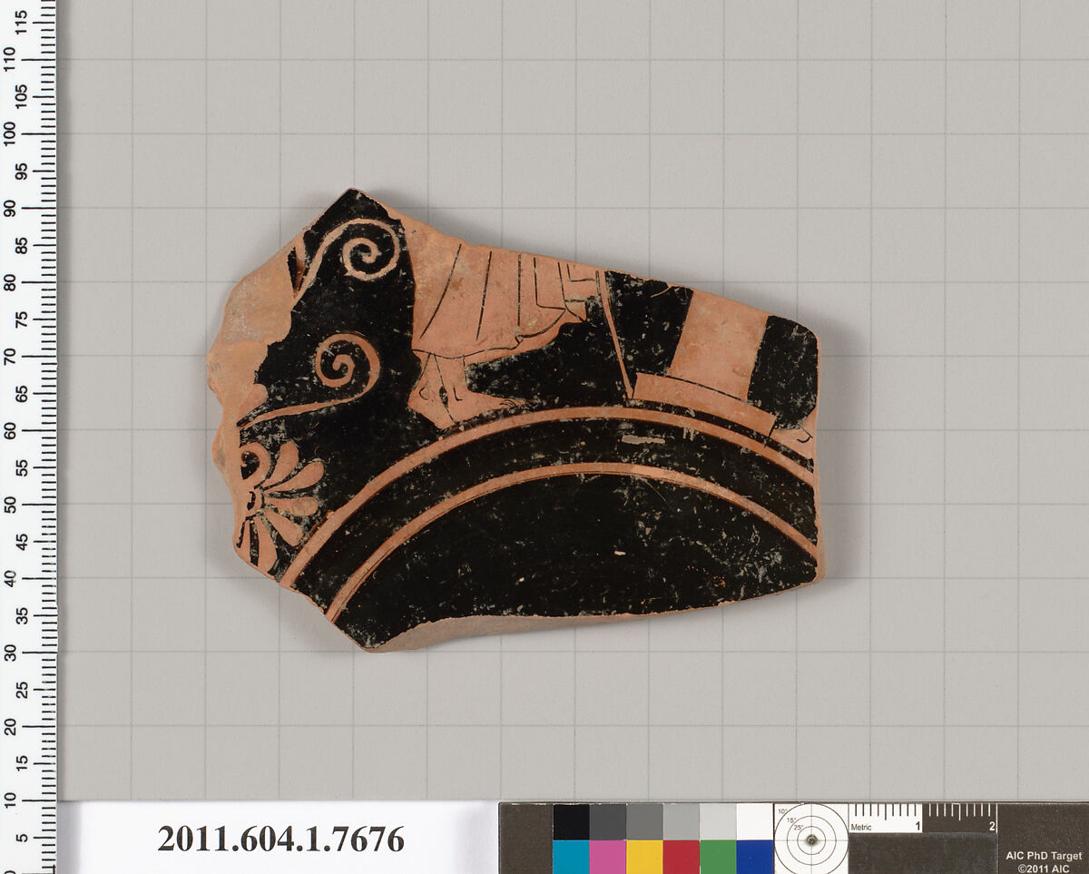 Terracotta fragment of a kylix (drinking cup), Terracotta, Greek, Attic