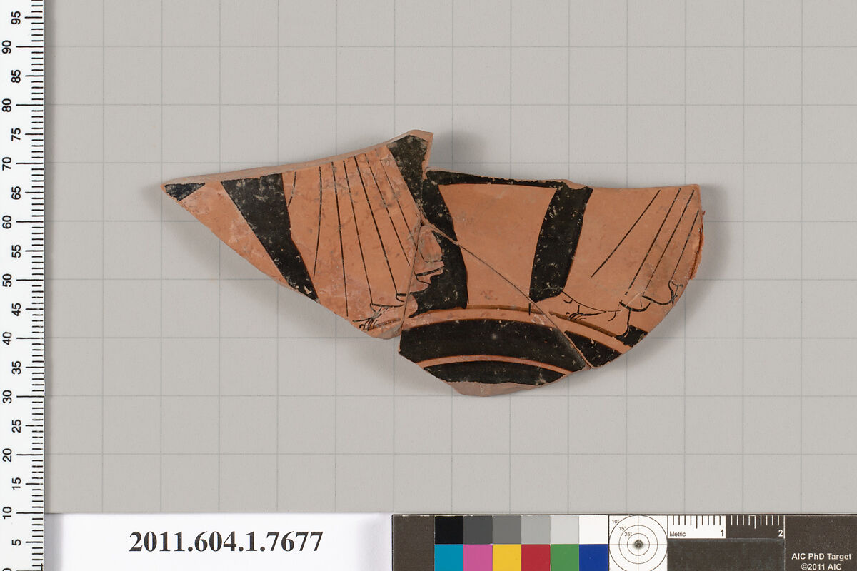 Terracotta fragment of a kylix (drinking cup), Terracotta, Greek, Attic